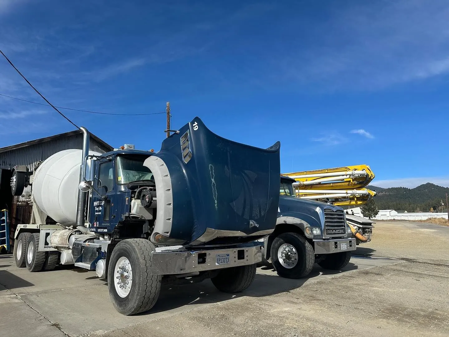 Mack concrete mixer truck undergoing CARB Clean Truck Check inspection at a Sacramento Region construction yard